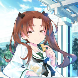 Rule 34 | 1girl, :i, black bow, black neckerchief, blouse, blue sky, blurry, blurry background, bored, bow, brown eyes, brown hair, chips (food), closed mouth, cloud, cloudy sky, day, depth of field, eating, elbow rest, food, girls und panzer, hair bow, half-closed eyes, highres, holding, holding food, inou takashi, kadotani anzu, light particles, long hair, long sleeves, looking at viewer, neckerchief, ooarai school uniform, outdoors, parted bangs, pavilion, potato chips, sailor collar, school uniform, serafuku, shirt, sky, solo, sunlight, twintails, white sailor collar, white shirt