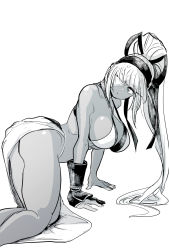 Rule 34 | 1girl, all fours, artist request, ass, bandage over one eye, blunt bangs, breasts, closed mouth, dark-skinned female, dark skin, gloves, greyscale, highres, large breasts, long hair, looking at viewer, majikina mina, monochrome, partially fingerless gloves, partly fingerless gloves, ponytail, revealing clothes, samurai spirits, sarong, side-tie skirt, sideboob, snk, solo, thighs, very long hair, yugake