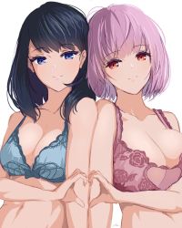 Rule 34 | 2girls, anho, bare shoulders, black hair, blue bow, blue bra, blue eyes, bow, bow bra, bra, breasts, cleavage, closed mouth, collarbone, floral print, gridman universe, heart, heart hands, heart hands duo, large breasts, long hair, looking at viewer, medium breasts, multiple girls, navel, print bra, purple bra, purple hair, red eyes, rose print, shinjou akane, short hair, shoulder-to-shoulder, simple background, smile, ssss.gridman, takarada rikka, underwear, underwear only, upper body, white background