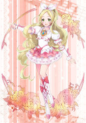 Rule 34 | 10s, 1girl, beamed quavers, blonde hair, blush, boots, bow, brooch, choker, cure rhythm, dress, earrings, flower, green eyes, heart, hutuumikan, jewelry, knee boots, long hair, magical girl, minamino kanade, musical note, open mouth, precure, solo, suite precure, white choker, wrist cuffs