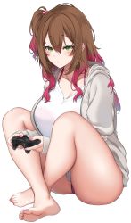 Rule 34 | 1girl, absurdres, barefoot, blush, breasts, brown hair, cleavage, closed mouth, controller, full body, game controller, green eyes, grey jacket, highres, jacket, knees up, long hair, long sleeves, multicolored hair, nail polish, original, panties, pink hair, pink nails, pink panties, shirt, side ponytail, simple background, sitting, suruga (xsurugax), thighs, underwear, white background, white shirt
