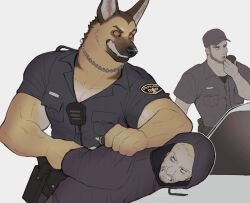 Rule 34 | 3boys, absurdres, animal ears, animal hands, arms behind back, arrest, bara, black eyes, black shirt, body fur, brown fur, brown sclera, car, chain necklace, claws, clenched teeth, collared shirt, colored sclera, commentary, dog boy, dog ears, english commentary, fangs, furry, furry male, german shepherd, grey background, highres, holster, jewelry, k0bit0wani, looking at another, male focus, motor vehicle, multiple boys, necklace, original, pectoral cleavage, pectorals, pinned, police, police badge, police uniform, sharp teeth, shirt, short sleeves, simple background, standing, teeth, uniform, upper body, walkie-talkie