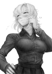 Rule 34 | 10s, 1girl, bad id, bad twitter id, blush, breasts, dress shirt, female focus, flying sweatdrops, girls und panzer, greyscale, hand on own hip, hand on own cheek, hand on own face, imizu (nitro unknown), itsumi erika, looking to the side, military, military uniform, monochrome, pleated skirt, pursed lips, school uniform, shirt, simple background, skirt, solo, uniform, white background