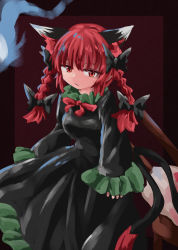 Rule 34 | 1girl, animal ears, black background, black bow, black dress, bow, braid, cat ears, cat tail, chups, closed mouth, dress, eyebrows hidden by hair, frilled sleeves, frills, hair bow, highres, hitodama, kaenbyou rin, long sleeves, looking at viewer, medium hair, multiple tails, nekomata, red eyes, red hair, side braids, simple background, solo, tail, touhou, twin braids, two tails, wide sleeves