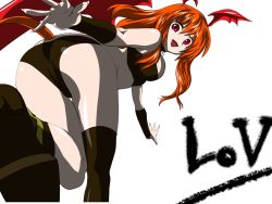 Rule 34 | 1girl, ass, bare shoulders, breasts, demon girl, female focus, horns, long hair, looking back, lord of vermilion, open mouth, orange hair, red eyes, simple background, single wing, smile, solo, tail, white background, wings