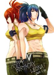 Rule 34 | 2girls, abs, bad id, bad twitter id, bare shoulders, belt, biceps, black gloves, blue eyes, blue hair, breasts, camouflage, camouflage pants, closed mouth, collarbone, dark persona, dated, dog tags, dual persona, earrings, english text, gloves, happy birthday, highres, itsuho (panel11), jewelry, large breasts, leona heidern, looking at viewer, looking back, midriff, multiple girls, multiple persona, muscular, muscular female, navel, necklace, orochi leona, pants, ponytail, pouch, red eyes, red hair, salute, simple background, standing, tank top, the king of fighters, the king of fighters xiv, the king of fighters xv, toned, triangle earrings, white background, yellow tank top