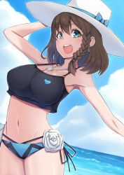 Rule 34 | 1girl, anko jamu, bare shoulders, beach, bikini, black bikini, blue bikini, blue sky, braid, breasts, brown hair, charlotte corday (fate), charlotte corday (swimsuit caster) (fate), charlotte corday (swimsuit caster) (first ascension) (fate), cleavage, collarbone, fate/grand order, fate (series), flower, green eyes, hat, jewelry, large breasts, looking at viewer, mismatched bikini, navel, necklace, ocean, open mouth, pendant, short hair, side braid, sky, smile, solo, sun hat, swimsuit, thighs, white hat