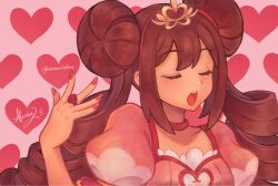 Rule 34 | 1girl, :o, blush, brown hair, closed eyes, collar, commentary, constarlations, creatures (company), double bun, drill hair, eyelashes, game freak, hair bun, hand up, heart, highres, jewelry, long hair, nail polish, nintendo, open mouth, pink nails, pokemon, pokemon bw2, pokestar studios, puffy sleeves, ring, rosa (pokemon), signature, solo, teeth, tongue, twin drills, twitter username, upper body, upper teeth only, watermark