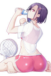 Rule 34 | 1girl, alternate breast size, ass, bottle, breasts, cameltoe, cleft of venus, commentary, dolphin shorts, drinking, electric fan, english commentary, feet, from behind, hair behind ear, hair ornament, hairclip, highres, holding, holding bottle, hot vr, looking at viewer, mikazuki shizuka, patreon username, pink eyes, pink shorts, pink sports bra, pocari sweat, product placement, profile, purple hair, see-through, see-through shirt, shirt, short hair, shorts, sitting, small breasts, soles, solo, sports bra, sweat, toes, wariza, white background, white shirt, zom 100: zombie ni naru made ni shitai 100 no koto