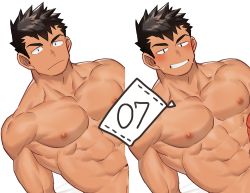 Rule 34 | 1boy, abs, bara, black hair, blush, completely nude, erection, gondom, large pectorals, male focus, muscular, navel, nipples, nude, original, paid reward available, pectorals, penis, penis peek, paid reward available, short hair, simple background, smile, upper body, white background