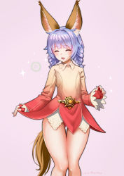 Rule 34 | 1girl, animal ears, braid, clothes lift, commentary request, dated, dog ears, dog tail, dress, dress lift, elin, closed eyes, female focus, fingerless gloves, gloves, gradient clothes, gradient dress, hair intakes, highres, kumehara chiyota, lifting own clothes, long hair, open mouth, panties, panty peek, purple hair, red panties, short dress, smile, solo, tail, tera online, thigh gap, thighs, twin braids, twintails, underwear