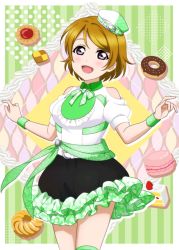 Rule 34 | 1girl, artist name, artist request, bare legs, bare shoulders, belt, black skirt, blush, border, breasts, brown hair, clothing cutout, dress, female focus, food, frilled skirt, frills, green background, green wrist cuffs, hair between eyes, hat, highres, koizumi hanayo, looking at viewer, love live!, love live! school idol festival, love live! school idol project, medium breasts, mini hat, miniskirt, outstretched arms, parted lips, plaid, plaid dress, plaid skirt, pleated, pleated dress, pleated skirt, puffy short sleeves, puffy sleeves, purple eyes, short hair, short sleeves, shoulder cutout, skirt, smile, solo, spread arms, white belt, white border, white dress, white hat, wing collar, wrist cuffs