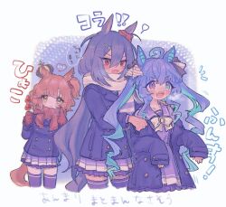 Rule 34 | 3girls, @ @, ahoge, animal ears, aqua hair, aston machan (umamusume), black hair, blue eyes, blue hair, blush, bow, bowtie, brown eyes, buttons, closed mouth, coat, commentary request, cowboy shot, cropped legs, crossed bangs, crown, double-breasted, ear ornament, fang, gloves, hair between eyes, hair bow, hair ornament, hairclip, hand on another&#039;s shoulder, hands up, heart, heterochromia, highres, hishi amazon (umamusume), holding, holding skewer, horse ears, horse girl, horse tail, index finger raised, jacket, jacket partially removed, long hair, long sleeves, looking at viewer, mini crown, multicolored hair, multiple girls, notice lines, one side up, open clothes, open coat, open mouth, petticoat, pleated skirt, purple coat, purple eyes, purple sailor collar, purple shirt, purple skirt, purple thighhighs, red gloves, red scarf, sailor collar, scarf, school uniform, sharp teeth, shirt, sidelocks, skewer, skirt, sleeves past wrists, smile, speech bubble, striped bow, tail, teeth, thighhighs, tracen school uniform, tracen winter coat, translation request, twin turbo (umamusume), twintails, two-tone hair, umamusume, upper teeth only, v-shaped eyebrows, very long hair, white bow, white bowtie, white scarf, yellow eyes, zrk o