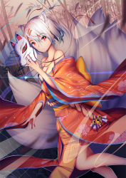 Rule 34 | 1girl, animal ears, bad id, bad pixiv id, breasts, cleavage, collarbone, fox ears, fox tail, hair ornament, hairclip, japanese clothes, kimono, kitsune, kyuubi, large breasts, looking at viewer, mask, multiple tails, original, red eyes, short hair, silver hair, solo, tail, xiaosan ye