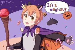 Rule 34 | 1girl, animal ears, artist name, artist request, bat (animal), candy, cape, crown, female focus, fingerless gloves, food, gloves, hair between eyes, highres, holding, holding scepter, hoshizora rin, looking at viewer, love live!, love live! school idol project, mini crown, orange hair, poyo e, pumpkin, purple cape, scepter, short hair, solo, tail, yellow eyes