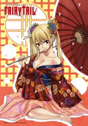 Rule 34 | 1girl, blonde hair, breasts, brown eyes, cleavage, fairy tail, falling petals, flower, hair flower, hair ornament, highres, japanese clothes, kneeling, large breasts, long hair, looking at viewer, lucy heartfilia, mashima hiro, official art, oil-paper umbrella, parasol, petals, solo, twintails, umbrella, watermark