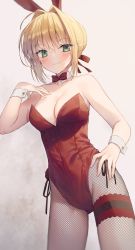 Rule 34 | 1girl, animal ears, bare shoulders, blonde hair, blush, bow, bowtie, breasts, bridal garter, cleavage, closed mouth, detached collar, fake animal ears, fate/extra, fate/grand order, fate (series), fishnet pantyhose, fishnets, gradient background, green eyes, hair ribbon, hand on own hip, highres, kuro futoshi, leotard, looking at viewer, medium breasts, nero claudius (fate), nero claudius (fate) (all), nero claudius (fate/extra), pantyhose, playboy bunny, rabbit ears, red bow, red bowtie, red ribbon, ribbon, short hair, smile, solo, standing