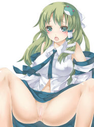 Rule 34 | 1girl, arutoria, blush, breasts, censored, clothes lift, covered erect nipples, female focus, green eyes, green hair, hair ornament, highres, kochiya sanae, large breasts, long hair, matching hair/eyes, no panties, non-web source, pussy, skirt, skirt lift, solo, spread legs, touhou