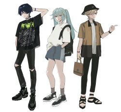 Rule 34 | 1girl, 2boys, aranara (genshin impact), backpack, bag, black choker, black footwear, black hair, black hat, black pants, blue shorts, brown hair, bucket hat, casual, choker, closed mouth, clothes writing, faruzan (genshin impact), full body, genshin impact, green eyes, hair ornament, hand on own head, hands in pockets, hat, highres, holding, holding bag, long hair, lyney (genshin impact), multicolored hair, multiple boys, no6 gnsn, pants, purple eyes, red hair, sandals, scaramouche (genshin impact), shirt, shoes, short sleeves, shorts, simple background, sneakers, socks, standing, streaked hair, t-shirt, torn clothes, torn pants, twintails, twitter username, white background, x hair ornament