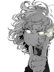 Rule 34 | 1girl, closed mouth, highres, index finger raised, looking at viewer, medium hair, one-punch man, simple background, solo, spot color, ssambatea, sweatdrop, tatsumaki, upper body, white background
