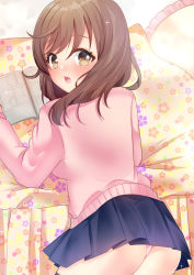 Rule 34 | 1girl, ass, blue skirt, blush, brown eyes, brown hair, clip studio paint (medium), commentary request, floral print, frilled pillow, frills, from behind, hair between eyes, highres, long hair, looking at viewer, looking back, misaki (misaki86), open mouth, original, panties, pillow, pink sweater, pleated skirt, school uniform, skirt, solo, sweater, underwear, white panties