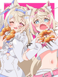 +_+ 2girls animal_ear_fluff animal_ears bandaid bandaid_hair_ornament belt blonde_hair blue_eyes blue_hair blue_hairband breasts crop_top crop_top_overhang cropped_shirt dog_ears dog_girl dog_tail donut drooling fang food frilled_sleeves frills fuwawa_abyssgard hair_ornament hairband hairclip headband heart heart-shaped_pupils highres hinata_hirune holding holding_donut holding_food hololive hololive_english horn_hairband long_sleeves looking_at_viewer medium_hair midriff mococo_abyssgard mouth_drool multicolored_hair multiple_girls navel one_eye_closed open_mouth pink_background pink_belt pink_hair pink_hairband pon_de_ring shirt shorts siblings skin_fang small_breasts streaked_hair symbol-shaped_pupils tail twins virtual_youtuber white_shirt white_shorts x_hair_ornament