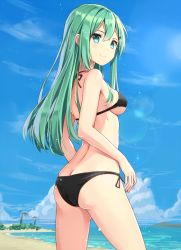 Rule 34 | 10s, 1girl, aqua eyes, ass, bad id, bad twitter id, beach, bikini, black bikini, blue sky, breasts, butt crack, closed mouth, contrapposto, cowboy shot, day, from side, green hair, hair between eyes, hair ornament, hairclip, halterneck, kantai collection, lens flare, long hair, looking at viewer, outdoors, rin yuu, side-tie bikini bottom, sky, small breasts, smile, solo, standing, suzuya (kancolle), swimsuit, underboob