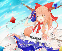 Rule 34 | 1girl, blue ribbon, blush, bow, brown eyes, chain, cherry blossoms, cloud, day, gourd, hair bow, holding, horn ornament, horn ribbon, horns, ibuki suika, immaterial and missing power, long hair, oni, open mouth, orange hair, petals, purple skirt, red bow, red ribbon, ribbon, shirt, shirua (s4-42424), skirt, sky, sleeveless, sleeveless shirt, solo, touhou, white shirt