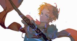 Rule 34 | 1boy, aiming, aiming at viewer, amenohi, blue eyes, bow (weapon), closed mouth, genshin impact, highres, holding, holding bow (weapon), holding weapon, jacket, looking at viewer, male focus, mask, mask on head, orange hair, red scarf, scarf, simple background, solo, tartaglia (genshin impact), water, weapon, white background