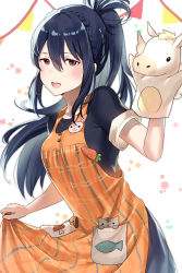 Rule 34 | 1girl, alternate costume, animal print, apron, apron lift, blue dress, blue hair, blush, braid, breasts, carrot, cat, clothes lift, collarbone, dog, dress, fire emblem, fire emblem fates, hair between eyes, hand puppet, haru (nakajou-28), highres, leaning forward, medium breasts, nintendo, oboro (fire emblem), open mouth, orange apron, pegasus, ponytail, puppet, short sleeves, sleeves rolled up, smile, solo, teeth, upper teeth only
