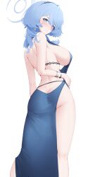 Rule 34 | 1girl, absurdres, ako (blue archive), ako (dress) (blue archive), ass, backless dress, backless outfit, blue archive, blue hair, breasts, butt crack, dress, from behind, highres, huge breasts, looking back, solo, standing, white background, z.taiga
