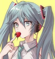 Rule 34 | 1girl, aqua eyes, aqua hair, bare shoulders, eating, food, fruit, green nails, green necktie, hatsune miku, headphones, highres, looking at viewer, maruchi, nail polish, necktie, portrait, short hair with long locks, sleeveless, solo, strawberry, twintails, vocaloid, yellow background