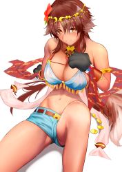 Rule 34 | 1girl, absurdres, animal ears, animal hands, arm support, armlet, bare shoulders, belt, bikini, bikini shorts, bikini top only, blue bikini, blue shorts, blush, breasts, brown belt, brown eyes, brown hair, circlet, cleavage, commentary request, cowboy shot, dark-skinned female, dark skin, dog ears, dog tail, flower, gloves, groin, hair between eyes, hair flower, hair ornament, hand on own chest, highres, jewelry, kaori (princess connect!), kaori (summer) (princess connect!), knee up, large breasts, long hair, looking at viewer, midriff, navel, necklace, official alternate costume, paw gloves, princess connect!, red shawl, shadow, shawl, short shorts, shorts, sidelocks, simple background, sitting, smile, solo, split mouth, swimsuit, tail, usagits 00, very long hair, white background