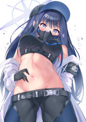 Rule 34 | 1girl, bare shoulders, baseball cap, black gloves, black hat, black pants, black shirt, blue archive, blue eyes, blue hair, blush, breasts, coat, commentary request, cowboy shot, crop top, gloves, hat, highres, itaba atsushi, large breasts, leggings, long hair, looking at viewer, mask, midriff, mouth mask, navel, off shoulder, open clothes, open coat, pants, saori (blue archive), shirt, simple background, solo, standing, stomach, thighs, very long hair, white background, white coat