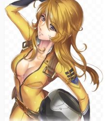 Rule 34 | 1girl, artist request, belt, blonde hair, bodysuit, breasts, cleavage, helmet, long hair, looking at viewer, medium breasts, mori yuki, open bodysuit, open clothes, parted lips, pilot suit, purple eyes, simple background, skin tight, solo, standing, uchuu senkan yamato, uchuu senkan yamato 2199, white background, zipper