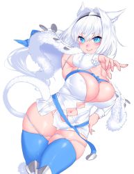 Rule 34 | 1girl, animal ear fluff, animal ears, argyle, argyle clothes, argyle cutout, bare shoulders, blue bow, blue eyes, blue ribbon, blue thighhighs, blush, bow, breasts, capelet, cat ears, cat girl, cat tail, cleavage, closed mouth, clothing cutout, detached collar, detached sleeves, dobrynya nikitich (fate), dress, fate/grand order, fate (series), fur-trimmed capelet, fur trim, hair bow, hairband, highres, large breasts, long hair, looking at viewer, low ponytail, navel, onsoku inu, outstretched arm, ribbon, short dress, simple background, skindentation, smile, tail, thick thighs, thighhighs, thighs, white background, white capelet, white dress, white hair