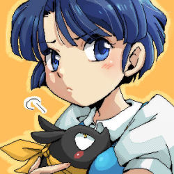 1girl animal biifun blue_eyes blue_hair hibiki_ryouga lowres p-chan pig ranma_1/2 school_uniform simple_background tendou_akane yellow_background