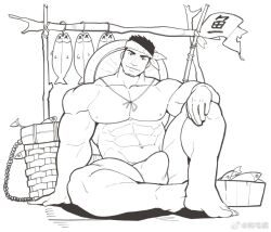 Rule 34 | 1boy, abs, bara, bulge, erection, erection under clothes, fisherman, full body, greyscale, head tilt, headband, knee up, large pectorals, looking at viewer, male focus, mature male, monochrome, muscular, muscular male, navel, nipples, original, pectorals, seductive smile, short hair, sideburns, smile, solo, stomach, strongman waist, tekkowang, thick eyebrows, thick thighs, thighs, topless male