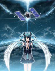 Rule 34 | closed eyes, floating hair, hatsune miku, hayabusa (spacecraft), nagareboshi, own hands clasped, own hands together, satellite, solo, space, spacecraft, star (symbol), vocaloid, wings