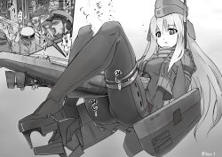 Rule 34 | 1girl, 3boys, air bubble, between legs, bodysuit, breasts, bubble, collar, commentary request, cropped jacket, crotch, crushing, full body, garrison cap, giant, giantess, gloves, greyscale, hand on own chest, hat, headgear, interior, kantai collection, long hair, medium breasts, metal collar, monochrome, multiple boys, parted lips, peaked cap, pleated cap, pleated skirt, propeller, rigging, rudder footwear, seo tatsuya, sidelocks, size difference, skirt, submarine, translation request, twitter username, u-511 (kancolle), underwater, watercraft