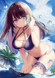Rule 34 | 1girl, bare arms, bare shoulders, bikini, black choker, blue bikini, breasts, brown hair, choker, cleavage, closed mouth, cloud, day, earrings, frilled bikini, frills, hand on own thigh, hand up, highres, jewelry, large breasts, leaning forward, bridal garter, long hair, looking at viewer, navel, necomi, original, outdoors, palm tree, purple eyes, sidelocks, solo, stomach, string bikini, swimsuit, thighs, tree, wading, water, wet
