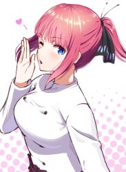 Rule 34 | 1girl, blue eyes, blunt bangs, blush, breasts, bright pupils, butterfly hair ornament, commentary, go-toubun no hanayome, hair ornament, half updo, hand up, heart, highres, hyoe (hachiechi), large breasts, long sleeves, looking at viewer, medium hair, nakano nino, nose, official alternate costume, one eye closed, parted lips, pink hair, polka dot, polka dot background, ponytail, shirt, sidelocks, simple background, solo, straight hair, upper body, white background, white pupils, white shirt