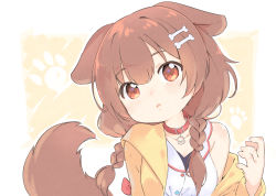 Rule 34 | 1girl, :o, animal ears, blush, bone hair ornament, braid, brown hair, buckle, collar, collarbone, dog ears, dog girl, dog tail, garun wattanawessako, hair ornament, head tilt, hololive, inugami korone, inugami korone (1st costume), jacket, long hair, long sleeves, looking at viewer, off shoulder, open clothes, open jacket, parted lips, paw print, paw print background, red eyes, shirt, single bare shoulder, solo, tail, twin braids, two-tone background, upper body, virtual youtuber, white shirt, yellow background, yellow jacket
