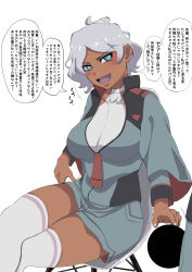 Rule 34 | 1boy, 1girl, absurdres, asticassia school uniform, blue eyes, blush, breasts, green shorts, gundam, gundam suisei no majo, highres, large breasts, looking at viewer, mesugaki, open mouth, pront-k, school uniform, secelia dote, short hair, shorts, simple background, smile, white background, white hair