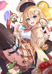Rule 34 | 1girl, ardenlolo, artist name, balloon, black thighhighs, blonde hair, blue eyes, blurry, blush, brown capelet, brown coat, brown hat, brown skirt, capelet, coat, collared shirt, deerstalker, depth of field, detective, glint, hair ornament, hat, heart balloon, high-waist skirt, holding, holding magnifying glass, hololive, hololive english, investigator (amelia watson), long sleeves, looking at viewer, magnifying glass, miniskirt, necktie, open mouth, plaid, plaid skirt, pleated skirt, red necktie, shirt, short hair, short necktie, skirt, smile, smol ame, solo, syringe, syringe holster, thigh strap, thighhighs, twitter username, virtual youtuber, watson amelia, white shirt