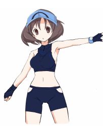 Rule 34 | 1girl, ace trainer (pokemon), arm up, armpits, bare shoulders, bike shorts, blue gloves, blue hat, blush, breasts, brown eyes, brown hair, creatures (company), cropped legs, female focus, fingerless gloves, game freak, gloves, hat, highres, looking at viewer, matching hair/eyes, medium breasts, midriff, nagitaro, navel, nintendo, npc trainer, open mouth, outstretched arm, poke ball theme, pokemon, pokemon sm, short hair, simple background, solo, sports bra, standing, sweat, thigh gap, visor cap, white background