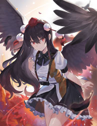 Rule 34 | 1girl, backlighting, black bow, black bowtie, black hair, black skirt, black wings, bow, bowtie, breasts, camera, closed mouth, cowboy shot, falken (yutozin), feathered wings, feathers, frilled skirt, frills, gradient hair, gradient wings, hat, highres, leaning forward, long hair, looking at viewer, medium breasts, miniskirt, multicolored hair, multicolored wings, pom pom (clothes), puffy short sleeves, puffy sleeves, red eyes, red hair, red hat, shameimaru aya, shirt, short sleeves, skirt, smile, solo, tassel, tokin hat, touhou, very long hair, white shirt, wings