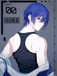 Rule 34 | 1boy, bare shoulders, blue eyes, blue hair, commentary, dark blue hair, earrings, from behind, grey background, hair between eyes, highres, jacket, jewelry, kaito (vocaloid), looking at viewer, looking back, male focus, multiple piercings, off shoulder, open clothes, open jacket, pale skin, piercing, samecan, short hair, solo, stud earrings, upper body, vocaloid