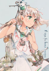 Rule 34 | 1girl, anchor hair ornament, anchor necklace, blunt bangs, cannon, chain, cowboy shot, dress, green eyes, grey background, hair ornament, hair ribbon, italian text, itomugi-kun, jewelry, kantai collection, long hair, looking to the side, machinery, maestrale (kancolle), necklace, one side up, ribbon, sailor collar, sailor dress, silver hair, simple background, sleeveless, sleeveless dress, solo, torpedo tubes, turret, white dress, white ribbon