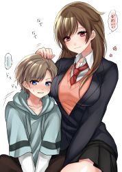 Rule 34 | 1boy, 1girl, absurdres, age difference, black skirt, blue eyes, blush, brother and sister, brown hair, closed mouth, collarbone, collared shirt, commentary request, eyelashes, hand on another&#039;s head, highres, hood, hoodie, long hair, long sleeves, necktie, original, pink eyes, pleated skirt, red neckwear, shiny skin, shirt, siblings, skirt, sweat, thought bubble, translation request, white shirt, yuuki mero